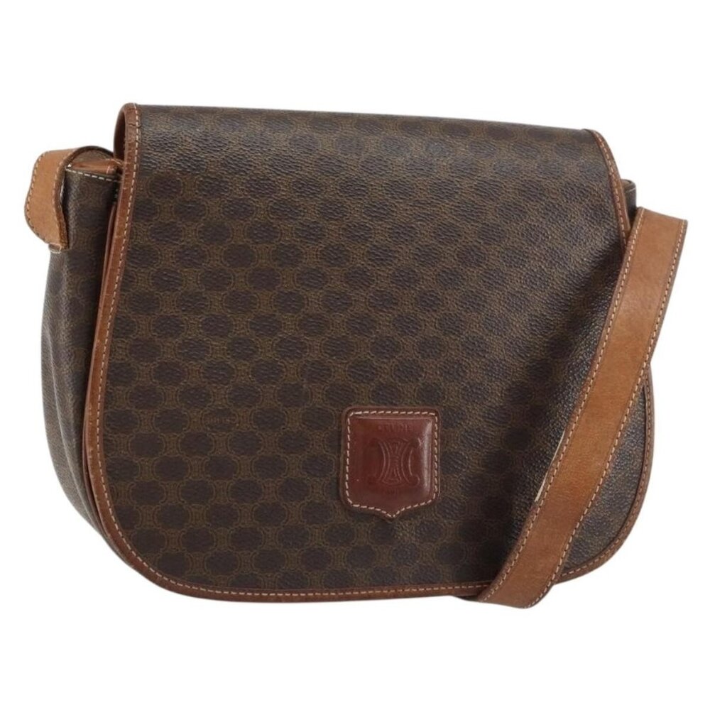 Authentic CELINE Macadam Canvas Shoulder Bag PVC Leather Brown Gold